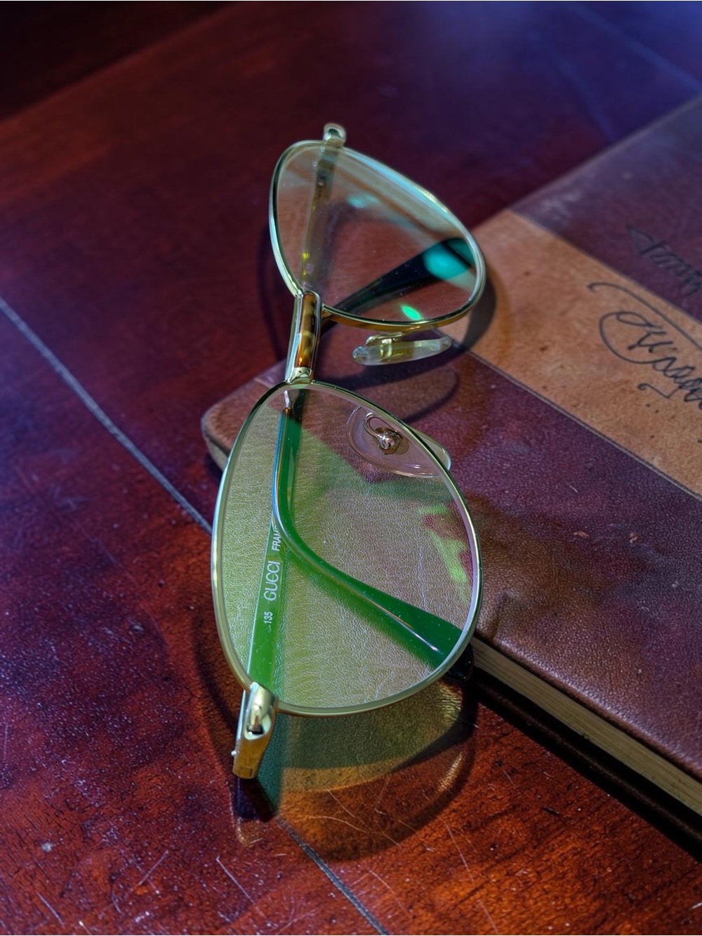 Vintage Gucci GG 2477 Gold Oval Eyeglasses Italy Green Tinted Lenses New - Picture 5 of 8